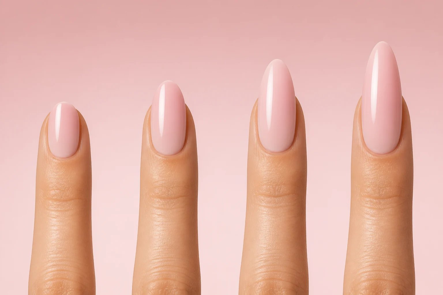 Four realistic soft-pink almond nails showing short, medium, long, and XL lengths